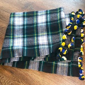 J.Crew lg.navy blue plaid scarf w/ yellow,blue & white Pom poms.Very warm.
